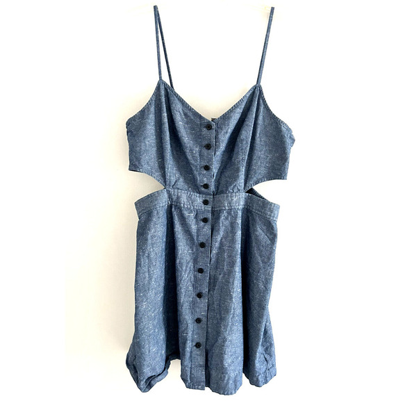 Madewell | G3192 Women's Blue Button Front Chambray Cut Out Cami Dress Size 14 - Picture 3 of 11